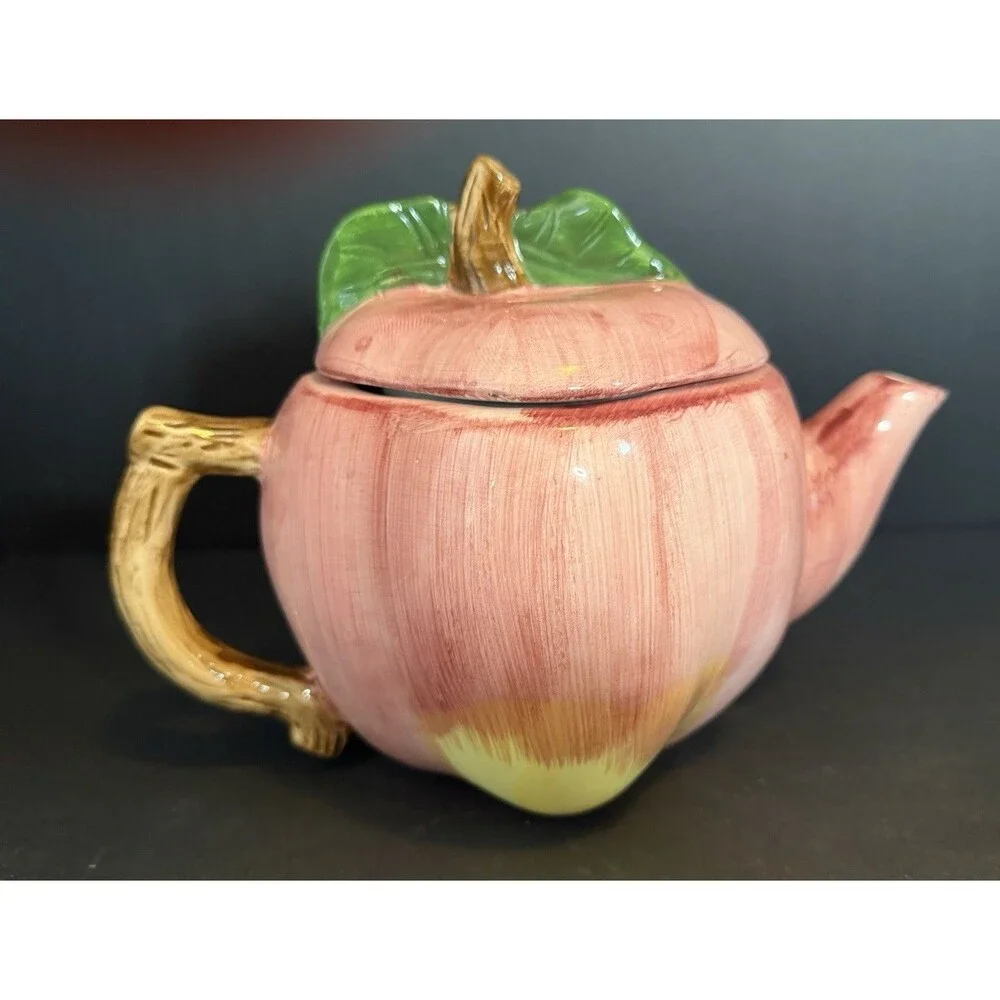 Vtg Enesco Ceramic Apple Teapot Pink Hand Painted Figural Fruit Lid Cottagecore
